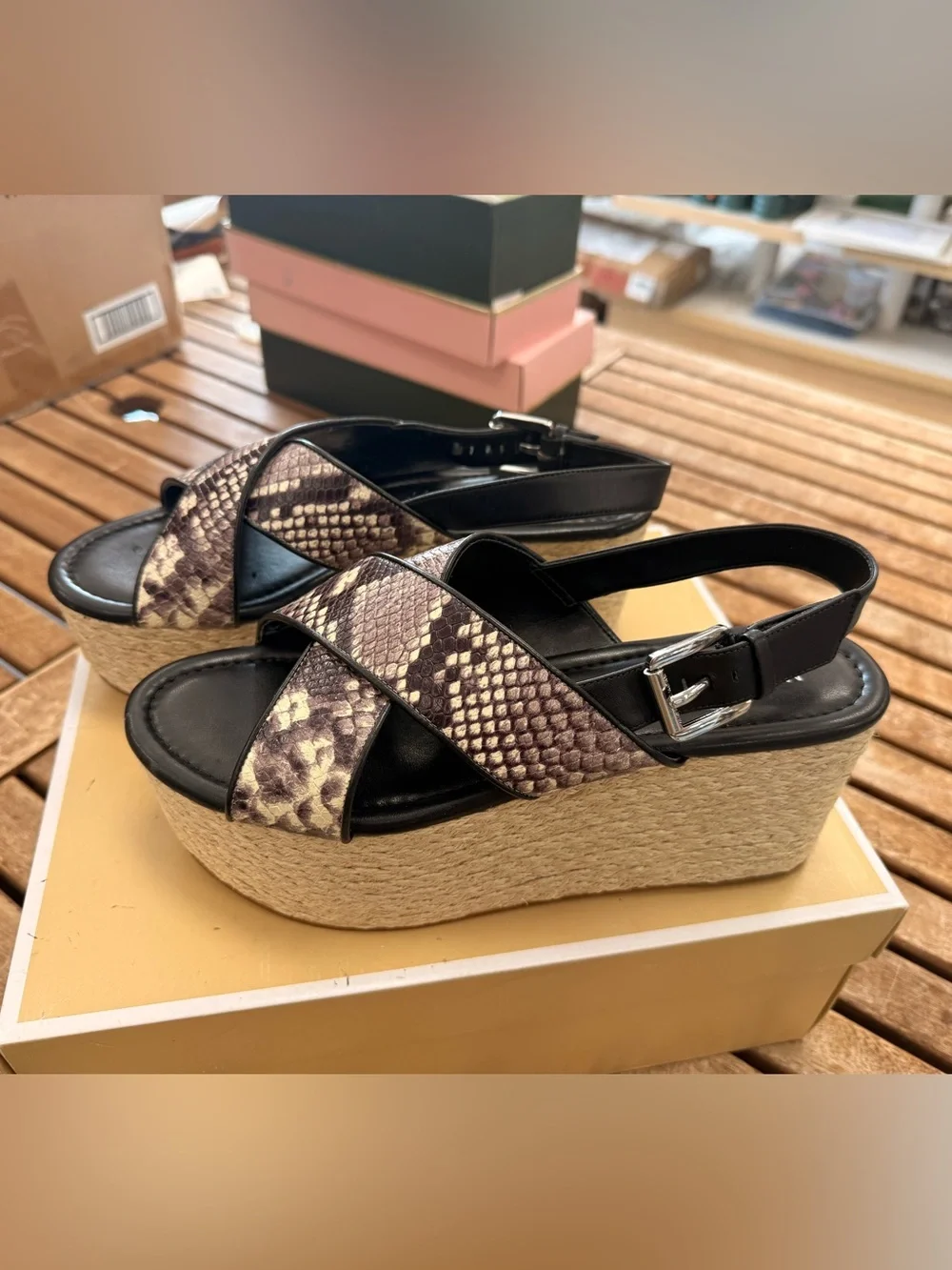 Michael Kors Black & Brown Snake-Print Espadrille Wedge Sandals